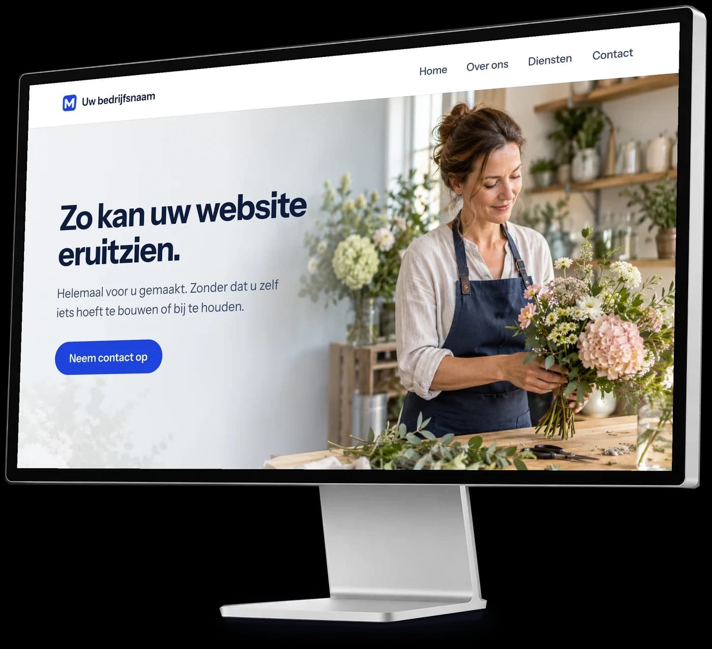 Een voorbeeldwebsite op een zilveren beeldscherm: Zo kan uw website eruitzien.